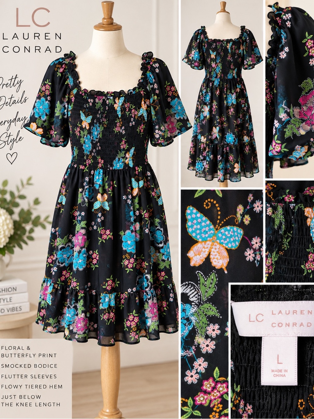 LC Lauren Conrad Black Floral Butterfly Smocked Dress Size L